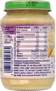 Tył słoiczka z ekologiczną kaszką manną dla niemowląt, widoczna etykieta z wartościami odżywczymi i bananami.