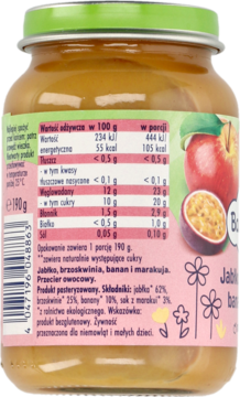 Tył słoiczka przecieru owocowego dla niemowląt (jabłko, brzoskwinia), zielona nakrętka, tabela wartości odżywczych.