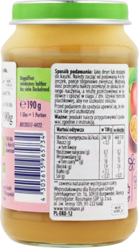 Tył szklanego słoika z bio przecierem jabłko-brzoskwinia-marakuja dla niemowląt, z etykietą i tabelą odżywczą.