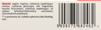 Tył opakowania suplementu Neomag forte. Widoczne szczegóły składu (węglan magnezu) i duży kod kreskowy.