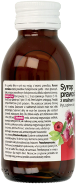 Syrop prawoślazowy z malinami w brązowej butelce, biała nakrętka, etykieta z grafiką malin, widok z przodu.