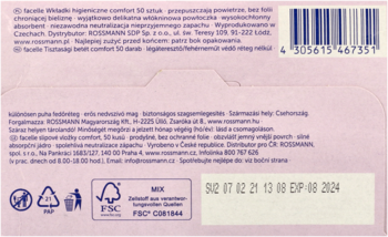 Tył różowego opakowania wkładek higienicznych Comfort 50 sztuk, widoczne informacje o produkcie i barcode.