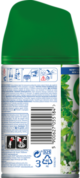 Tył zielono-białego wkładu Air Wick Freshmatic, zapach świeżej bawełny, jabłka i letniej bryzy na 70 dni, z kodem.