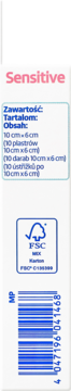 Tył białego opakowania plastrów altapharma Sensitive, 10 szt. 10x6cm, z listą zawartości, logo FSC i kodem kreskowym.