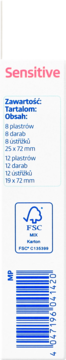 Bok opakowania plastrów altapharma Sensitive z różowym napisem, widoczną zawartością: 8 szt. 25x72mm, 12 szt. 19x72mm.