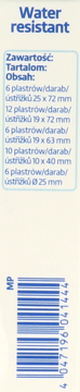 Tył opakowania wodoodpornych plastrów altapharma, z widoczną listą rozmiarów i kodem kreskowym UPC.