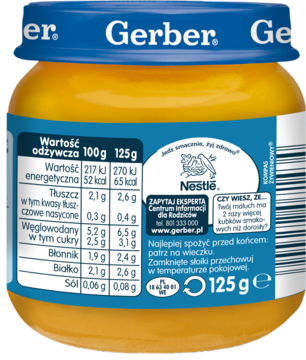 Słoiczek Gerber puree warzywno-mięsnego dla niemowląt, tył z etykietą, wartościami odżywczymi, 125g.