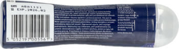 Tył tubki Durex Perfect Gliss żelu intymnego na bazie silikonu, ciemnoniebieskiej z tekstem i kodem.