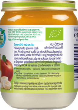 Tył opakowania musu Hipp Owocowy Duet 6m+, z zieloną etykietą, instrukcją użycia i certyfikatem BIO UE.