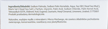 Skład naturalnego mydła z minerałami Morza Martwego, opis produktu na białym tle, testowany dermatologicznie.