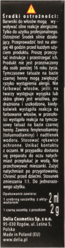 Henna do brwi Delia, czarne opakowanie, widok z boku z polskimi ostrzeżeniami i składem.