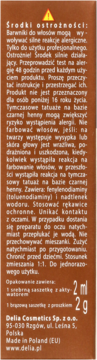 Tył opakowania tradycyjnej henny do brwi Delia, brązowe tło z instrukcjami, ostrzeżeniami i danymi firmy.