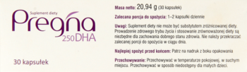 Białe opakowanie suplementu diety Pregna 250 DHA z fioletowymi napisami, widoczne 30 kapsułek, ujęcie przód/bok.