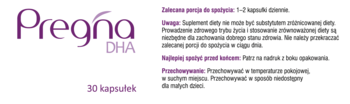 Front opakowania Pregna DHA, suplementu dla kobiet w ciąży, z fioletowym logo, 30 kapsułek i instrukcjami.