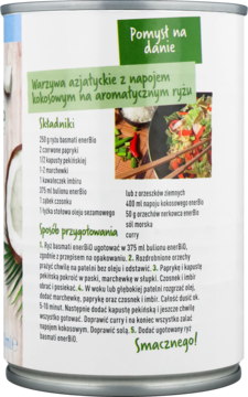 Tył puszki enerBIO napoju kokosowego z zieloną etykietą i przepisem na azjatyckie warzywa z ryżem.
