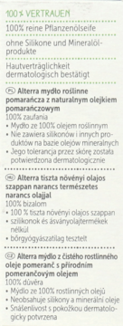 Alterra mydło roślinne pomarańcza. Widok na etykietę z opisem produktu: 100% olejów roślinnych, bez silikonów.