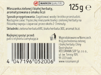 Tył opakowania herbaty: Mieszanka zielonej i białej, smak liczi, 125g. Widoczne składniki i kod kreskowy.