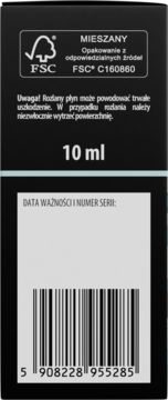 Tył czarnego opakowania olejku zapachowego Białe Kwiaty 10 ml, z certyfikatem FSC, kodem kreskowym i ostrzeżeniem.