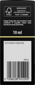 Tył czarnego opakowania olejku zapachowego "Dzika Orchidea" 10ml, z certyfikatem FSC, ostrzeżeniem i kodem.