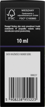 Tył czarnego opakowania olejku lawendowego 10 ml z widocznym certyfikatem FSC, ostrzeżeniem i kodem.