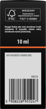 Tył czarnego opakowania olejku 10ml z logo FSC, polskim ostrzeżeniem, kodem kreskowym i numerem serii.