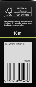Tył czarnego opakowania olejku zapachowego 10 ml, z certyfikatem FSC i ostrzeżeniem o rozlaniu.