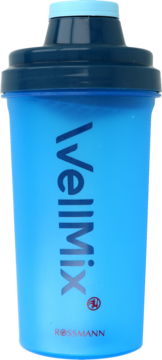 Niebieski shaker Wellmix 700ml z ciemnoniebieską nakrętką i logo Rossmann, widok z przodu.