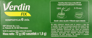 Tył zielonego opakowania herbaty Verdin FIX z 6 ziołami. Widoczne instrukcje parzenia i dane producenta.