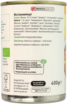 Tył puszki organicznej zupy soczewicowej Rossmann, biała etykieta ze składem i danymi producenta, 400g.