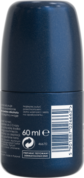 Ciemnoniebieski antyperspirant Ziaja Yego Bloker 60 ml, tył opakowania z etykietą, kodem kreskowym i napisem "Dermatologicznie".