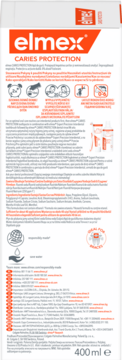 Tył opakowania płynu do płukania ust elmex Caries Protection 400 ml z polskim opisem i piktogramami.