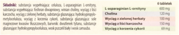 Składniki Proliver Wątroba: tabela z L-asparaginianem L-ornityny, choliną i ekstraktami roślinnymi, widok z bliska.