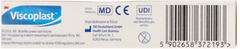 Tył opakowania plastra Viscoplast z logo, symbolami CE/MD/UDI, danymi producenta i kodem kreskowym.