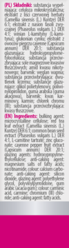 Tył opakowania suplementu SlimStrong, zbliżenie na listę składników (PL/EN) z Cayenne i herbatą, nagłówki czerwone.