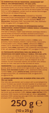 Tył opakowania Laudatio Chai Latte waniliowo-cynamonowego 10x25g, z wielojęzycznym opisem i wagą.