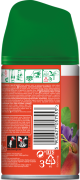 Tył wkładu Air Wick Freshmatic Aromatyczna Brzoskwinia i Morela: zielono-czerwona puszka, kod kreskowy, ostrzeżenia, brzoskwinie.