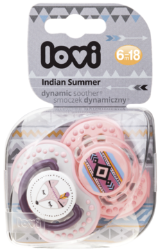 Opakowanie z dwoma smoczkami Lovi Dynamic 6-18m Indian Summer: różowy z tribalem i biały z liskiem, widok przód.