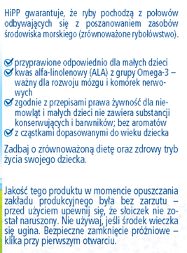 Biały panel HiPP z niebieskim tekstem o zrównoważonym rybołówstwie, Omega-3 i braku konserwantów dla dzieci.