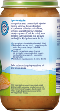 Słoiczek HiPP Makaron z łososiem dla dzieci, widok z tyłu. Biała etykieta z instrukcją i korzyściami Omega-3.