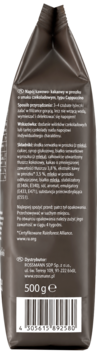 Tył opakowania Cappuccino Schoko 500g, brązowa torebka z listą składników i kodem kreskowym.