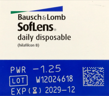 Bausch & Lomb SofLens daily disposable contact lenses. White and blue box, PWR -1.25, front view.
