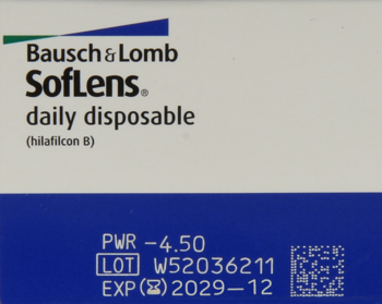 Bausch & Lomb SofLens daily disposable -4.50, białe pudełko, widok z przodu, data ważności 2029-12.