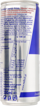Red Bull Energy Drink, 250ml, srebrna puszka, widok z tyłu z polską etykietą składu i ostrzeżeniami.