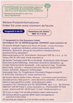 Tył opakowania wkładek higienicznych Facelle Micro 44 sztuk, z informacjami o składzie i producenta Rossmann.