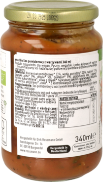 Tył szklanego słoika wegańskiego sosu pomidorowego z warzywami Rossmann 340 ml z polską etykietą i złotym wieczkiem.