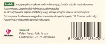 Tył opakowania Tymianek + Podbiał suplement diety, widoczne informacje o składzie, producencie Aflofarm i kod kreskowy.
