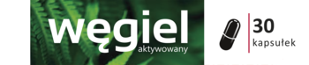 Suplement Węgiel aktywowany, zielone tło roślinne, biały napis, czarna kapsułka, 30 kapsułek.