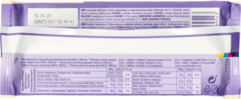 Tył fioletowego opakowania czekolady Milka Bubbly z tabelą wartości odżywczych i informacjami o produkcie.