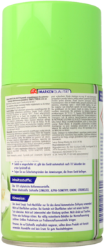 Tył zielonego sprayu Domol White Balance 250ml, wkład do odświeżacza z białym wzorem kwiatowym.