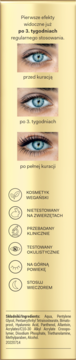 Grafika serum do rzęs. Przedstawia oczy przed i po 3 tyg. oraz pełnej kuracji. Podkreśla: wegańskie, testowane, wieczorem.